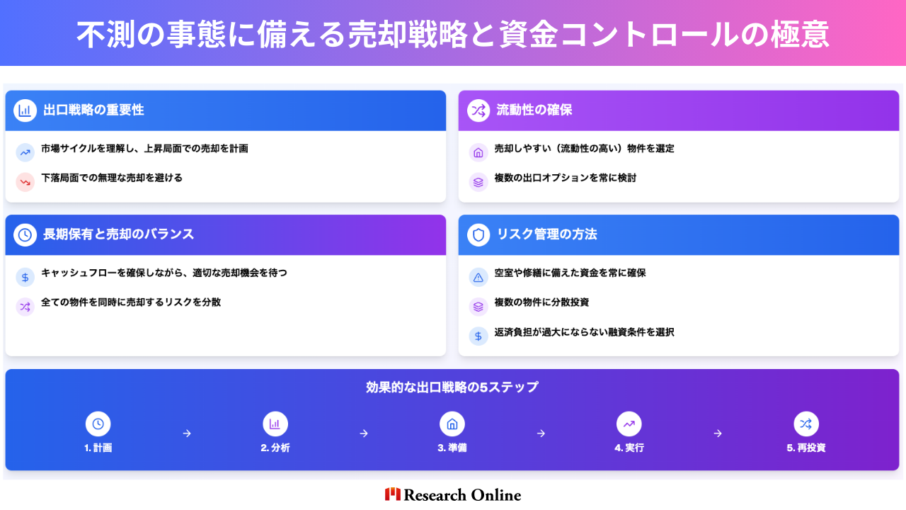 出口戦略の重要性 市場サイクルを理解し、上昇局面での売却を計画 下落局面での無理な売却を避ける 流動性の確保 売却しやすい（流動性の高い）物件を選定 複数の出口オプションを常に検討 長期保有と売却のバランス キャッシュフローを確保しながら、適切な売却機会を待つ 全ての物件を同時に売却するリスクを分散 リスク管理の方法 空室や修繕に備えた資金を常に確保 複数の物件に分散投資 返済負担が過大にならない融資条件を選択