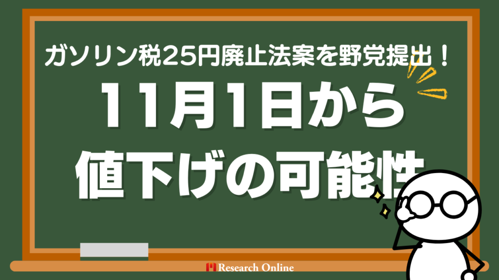 【速報】ガソリン税25円廃止法案を野党提出！11月1日から値下げの可能性