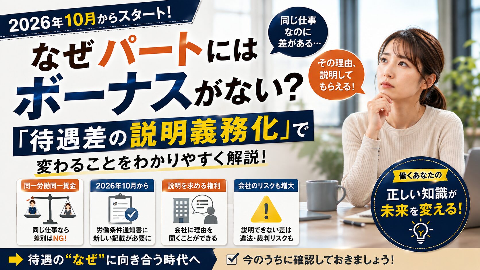 なぜパートにはボーナスがない？2026年10月「待遇差の説明義務化」で変わること